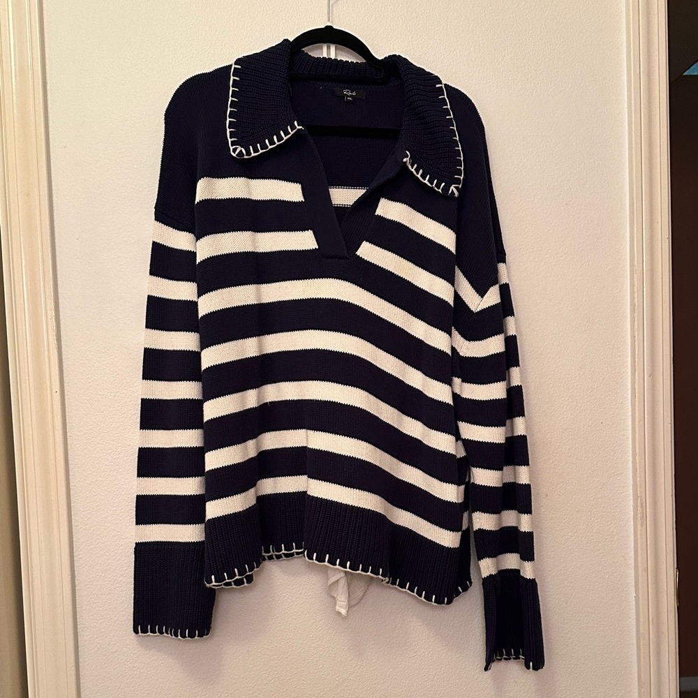 Rails Athena Cotton Navy & White Striped V-Neck Sweater
